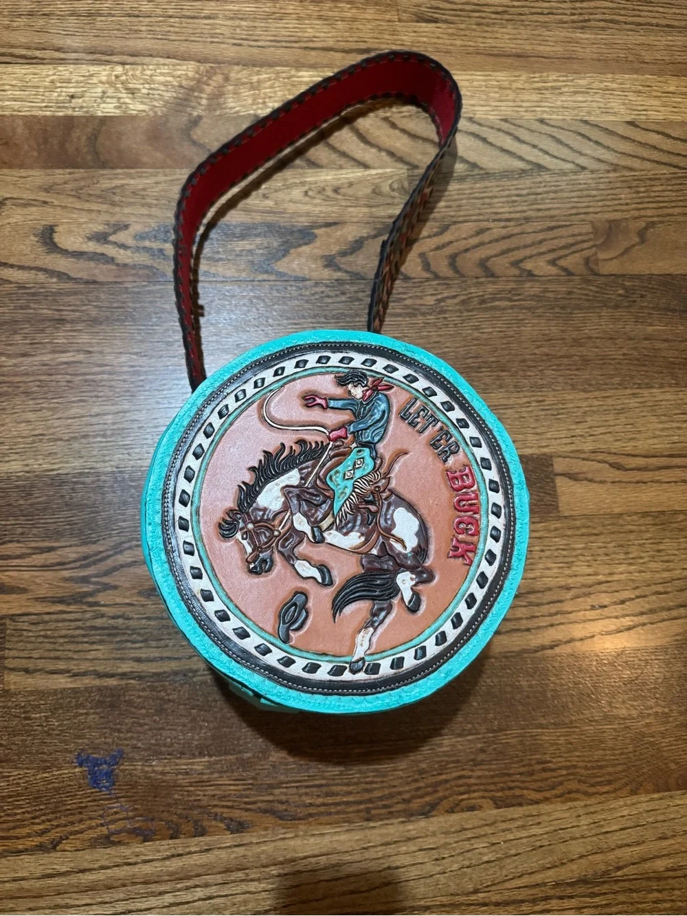 Handmade Turquoise Round Leather Crossbody Bag with Rodeo Motif